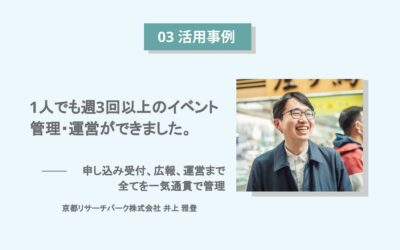 1人でも週3回以上のイベント管理・運営ができました。申し込み受付、広報、運営まで全てを一気通貫で管理。